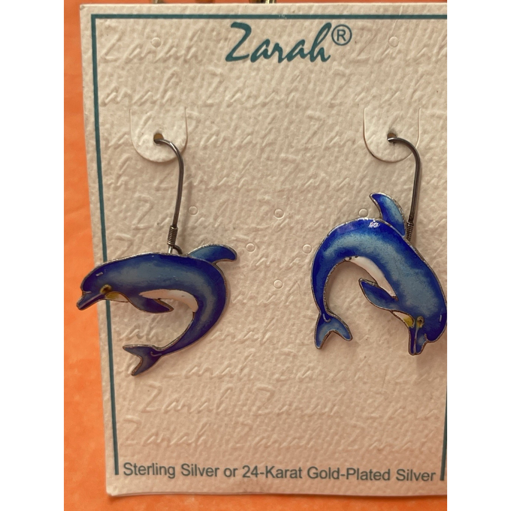 Zarah 925 Sterling Silver Blue Enamel Earrings VTG Dangle 1.5” Hook NWT READ